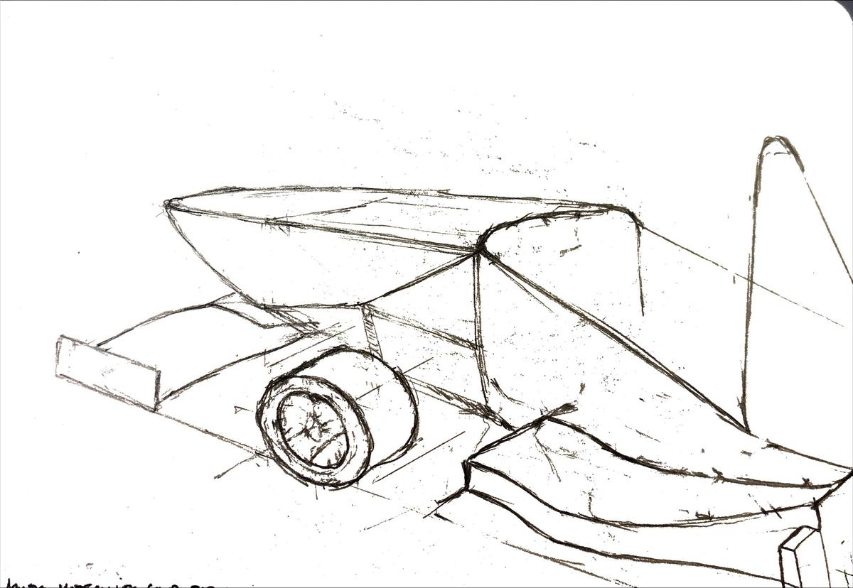 Perspective sketch of a sidepod and wheel